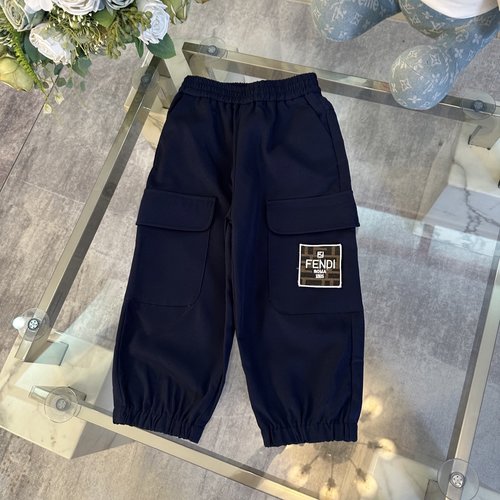 Fendi High-end Unisex Kids Cargo Pants Navy Embroidered Pockets Cotton