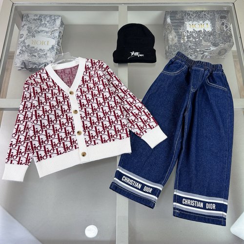 Dior Kids Burgundy & Cream Knit Cardigan & Hat Set