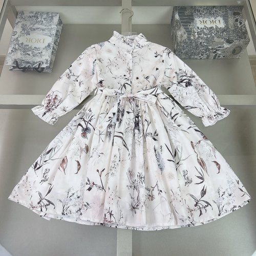 Dior Girls Cotton Dress with Letter Print & Solid Belt 