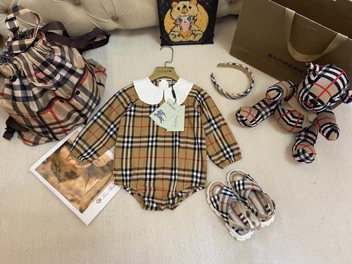 Burberry High-end Unisex Baby Khaki Long Sleeve Peter Pan Collar Cotton Romper