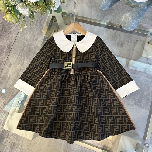 Fendi Girls Dress with Belt & Letter Print, Polyester Comfortable 