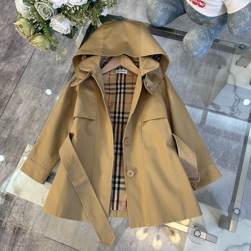 Burberry Girls High-End Trench Coat, Water-Repellent Cotton, Vintage Check Lining