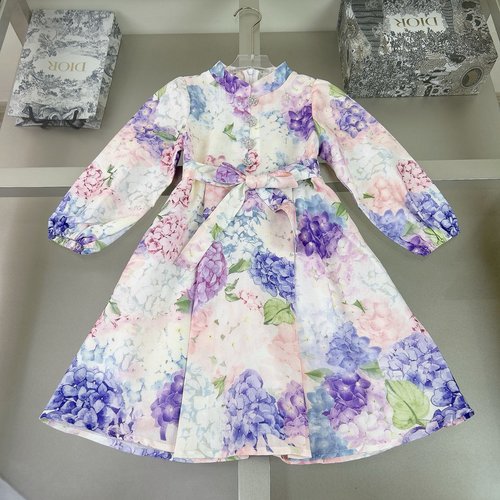 Zimmermann Girls Cotton Dress with Flower Print & Solid Belt 