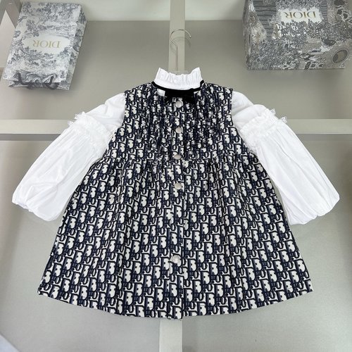 Dior Girls 2-Piece Set: Sleeveless Dress & Top, 100 Cotton, Letter Print 
