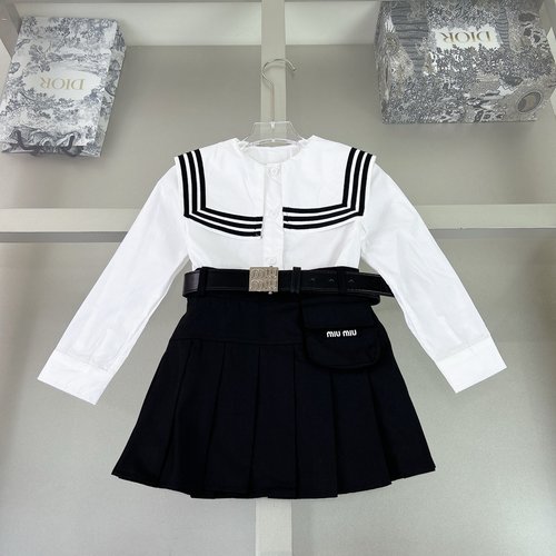 Miu Miu Girls Cotton Skirt Set: Navy Blouse, Pleated Skirt, Belt, Letter Print 