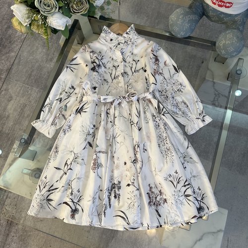 Dior Girls Premium Cotton Dress with Letter Print & Solid Belt