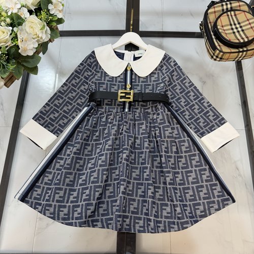Fendi Girls Designer Dress with Belt & Letter Print, Polyester 