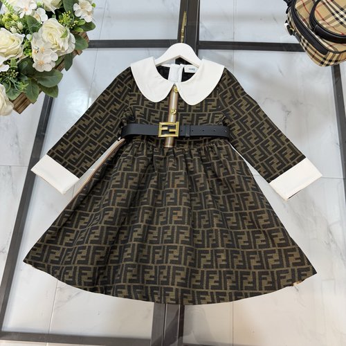 Fendi Girls Polyester Dress with Belt & Letter Print