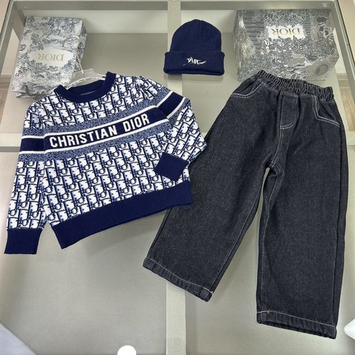 Dior Kids 3-Piece Set: Cashmere Blend Knit + Fleece Pants + Hat
