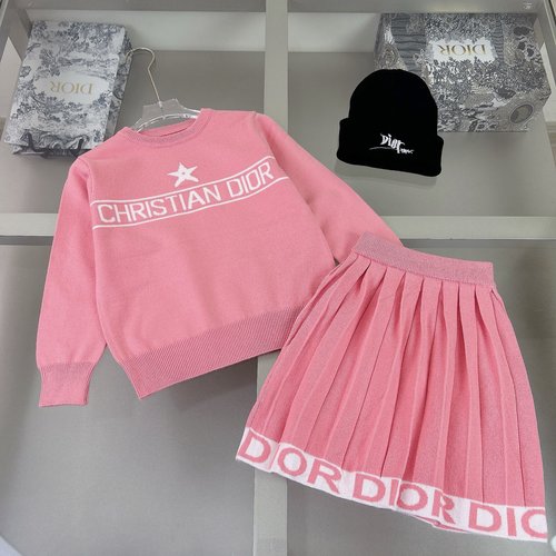 Dior Girls 3-Piece Cashmere Blend Letter Jacquard Knit Set With Skirt & Hat