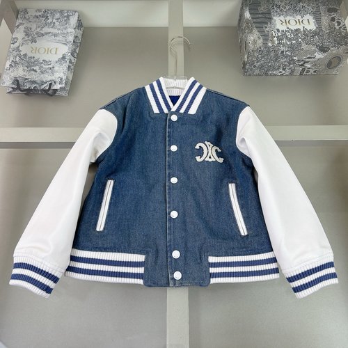 Celine Premium Unisex Kids Denim Jacket with Leather Trim & Distressed Wash