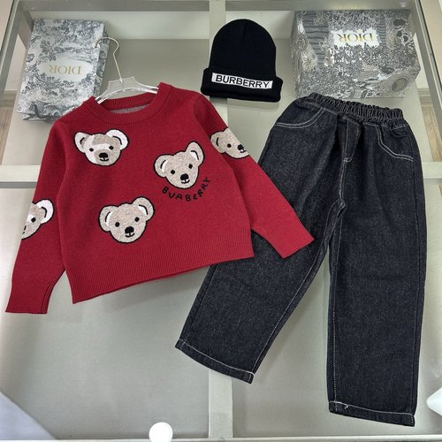 Burberry Unisex Kids Set: Double-Ply Knit, Teddy Embroidery & Jeans