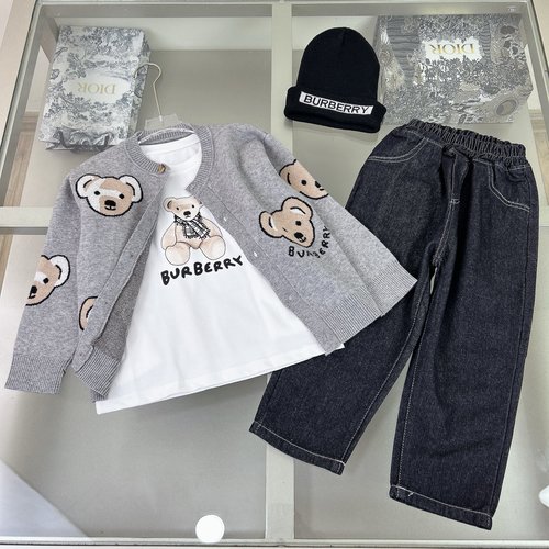 Burberry Unisex Kids Grey Cashmere Blend Teddy Bear Embroidery V-Neck Cardigan