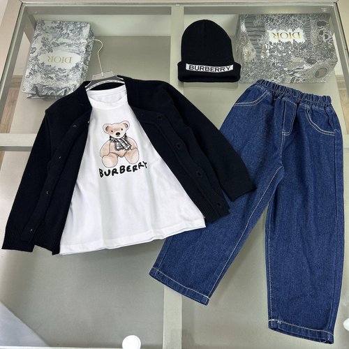 Burberry Kids Set: Bear Embroidered V-neck Cardigan + Horse Jeans