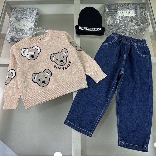 Burberry Kids Teddy Bear Embroidered Knit Top & Jeans Set 