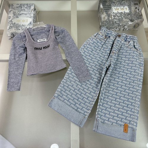 Miu Miu Girls Gray Long-Sleeve Tee Ribbed Tank Set