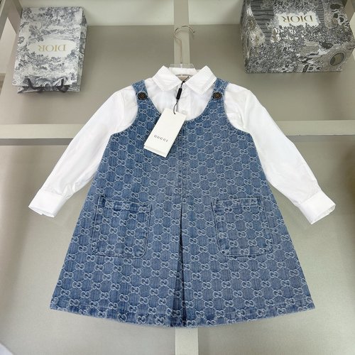 Gucci Girls Denim Pinafore & Shirt Set, 100 Cotton, Letter Print Sleeves 