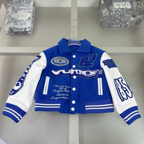 LV Kids Blue Varsity Jacket with Leather & Towel Embroidery