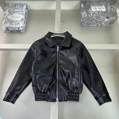 Miu Miu Premium Kids Black Embroidered Leather Jacket 