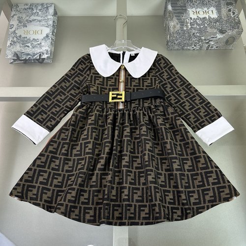 Fendi High-End Girls Polyester Dress with Letter Print & Belt