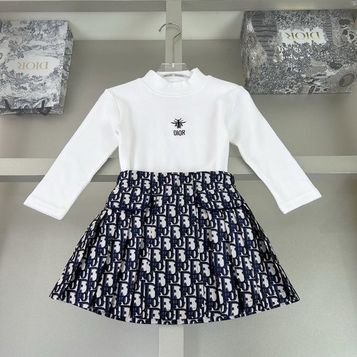 Dior Girls Cotton Dress Set with Jacquard Denim Skirt – Comfortable Stylish 