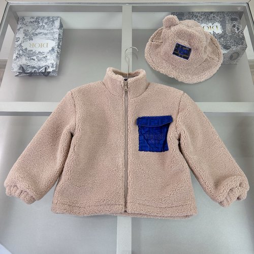 Fendi Warm Unisex Kids Lamb Wool Jacket with Bear Hat 