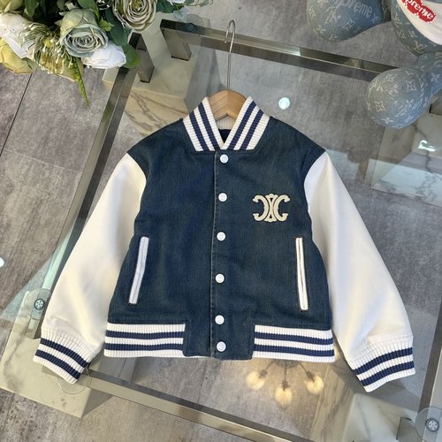 Celine Unisex Kids Premium Blue Denim Jacket: Leather Patchwork, Whiskering