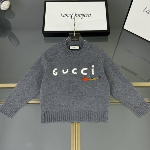 Gucci Kids Wool Blend Gray Letter Jacquard Sweater 