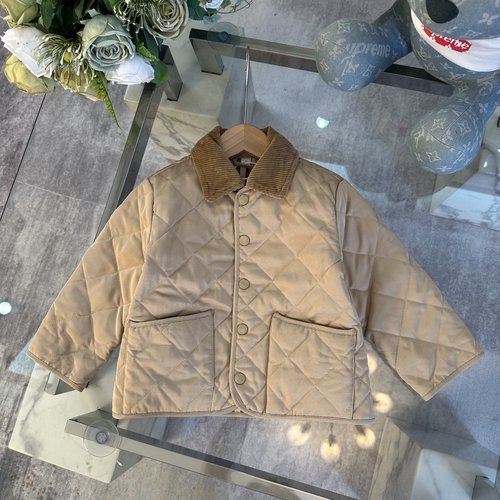 Burberry Kids Custom Quilted Coat with Corduroy Collar & Plaid Lining
