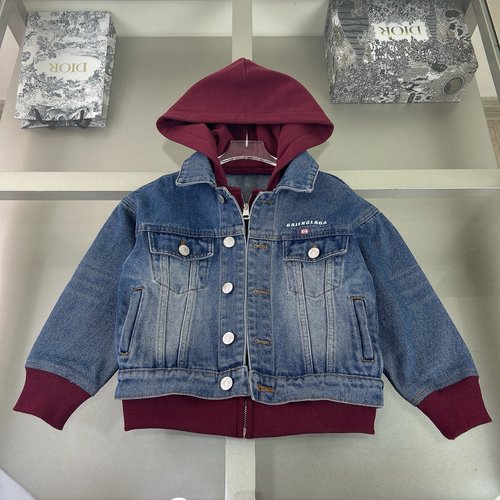 Balenciaga Hooded Kids Denim Jacket with Wine Red Accents