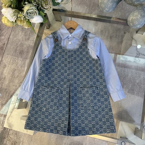 Gucci Girls Denim Dress Set with Shirt, Cotton & Letter Print 