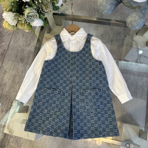 Gucci Girls Denim Pinafore & Shirt Set, 100 Cotton Sleeve Print