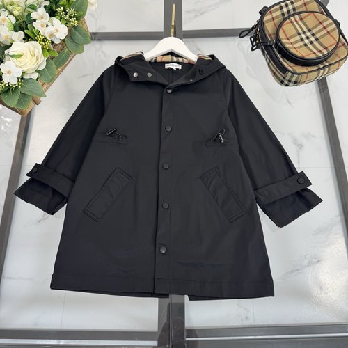 Burberry Kids Black Parka Trench Coat - Water-Repellent, Plaid Lined Hood, Cotton Comfort