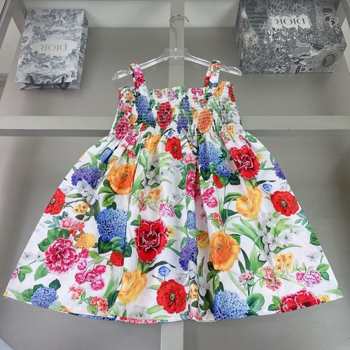 D & G High-End Girls Floral Linen-Cotton Sleeveless Dress