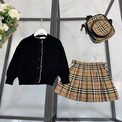Burberry Cotton Knit Girls Patchwork Plaid Skirt & Jacket Set