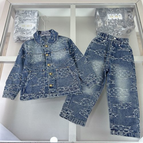 LV Unisex Premium Kids Washed Blue Jacquard Denim Set