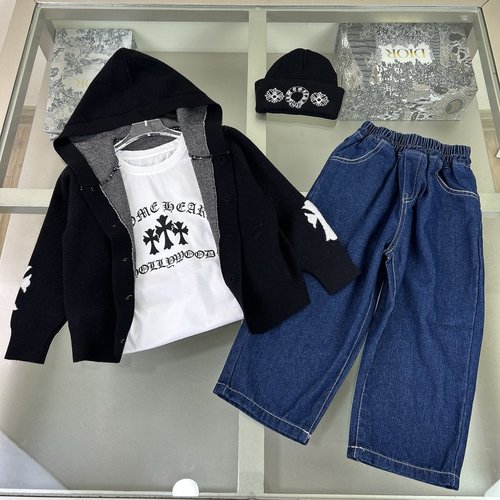 Chrome Hearts Kids 100 Cotton Denim Set, Elastic Waist & Logo Print 