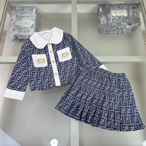 Fendi Girls Luxury Denim Skirt Set with Classic Pattern