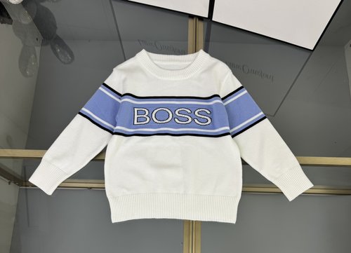 Boss Kids Cotton Blend Sweater with White Stripe Jacquard 