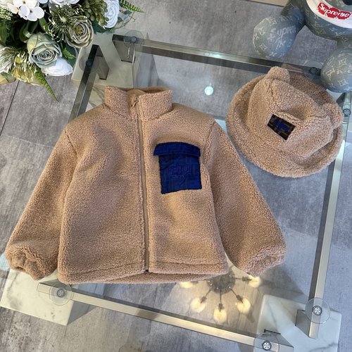 Fendi Warm Unisex Kids Lamb Wool Coat with Bear Hat