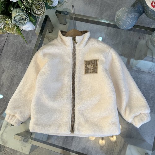 Fendi Unisex Kids Fleece Jacket, Beige with Embroidery, Cozy & Stylish