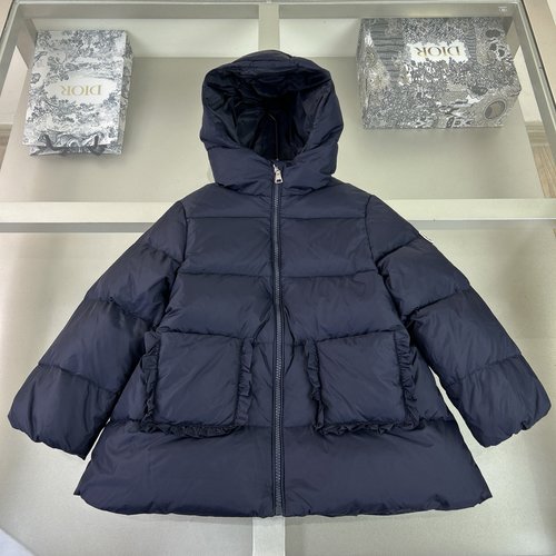 Moncler Girls Puffer Jacket with White Duck Down, Ruffled Pockets & Cinched Waist