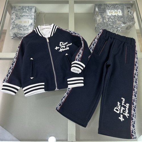 Dior Kids Navy Blue Set with Chain Embroidery & Custom Webbing 