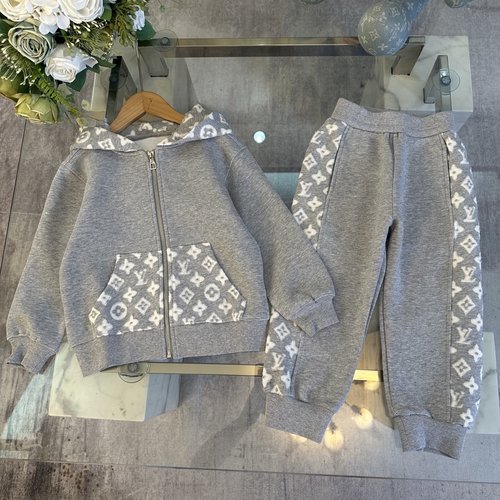 LV Kids Gray Cotton Terry Set with Embroidery & Custom Rib Trim 