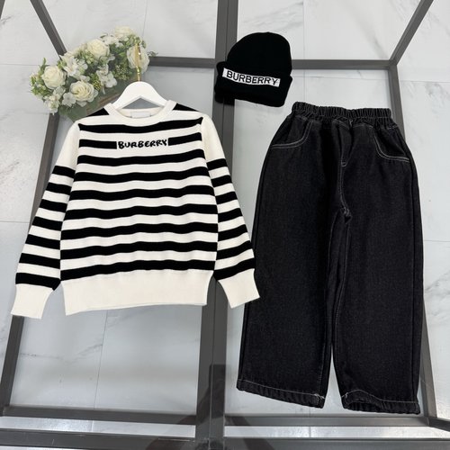 Burberry Unisex Kids Striped Cashmere Sweater with Logo High-Density Double Yarn Knit