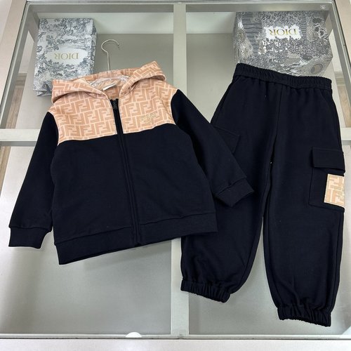 Fendi Kids Contrast Color Hoodie Set with Classic FF Pattern 
