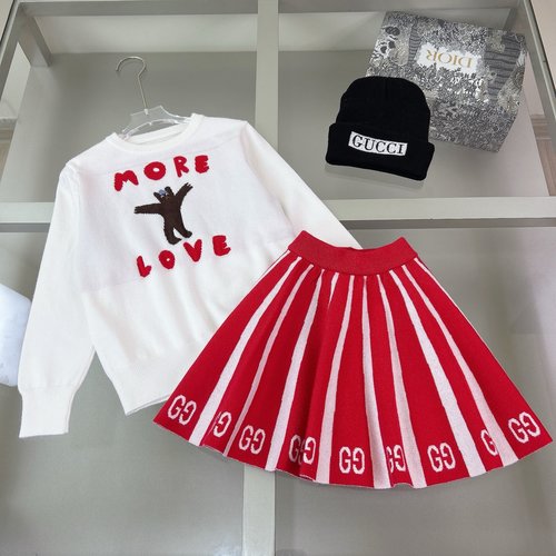 Gucci Girls Red-White Knit Umbrella Skirt Set, Thick GG Jacquard