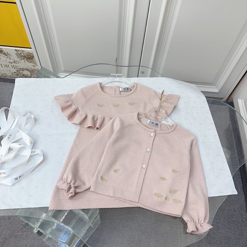 Dior Girls Heavy Knit Ruffled Set with Logo Embroidery 