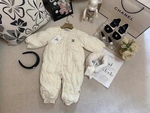 Chanel Unisex Baby Fleece Onesie with Rabbit Fur Collar & Petal Design