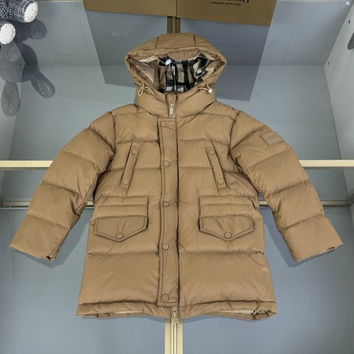 Burberry Kids Mid-Length Down Jacket - Windproof, Warm, Fixed Hood